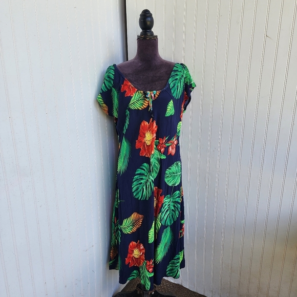 Vtg GG Hawaiian Shift Dress Floral Monstera Palm Print Tie Blue Green Red Sz L - Picture 1 of 10